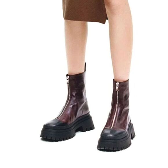 Zara Shoes - NWOT Zara Burgundy Lug Sole Boots Faux Leather Platform Combat Boots Size 9